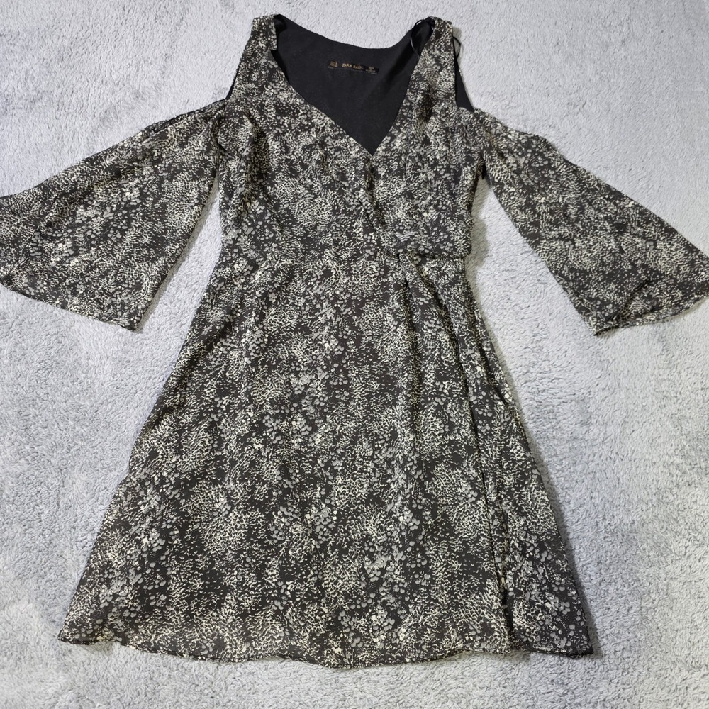 Zara Womens S Mini Dress Black White Cold Shoulder Bell Sleeve Abstract Print